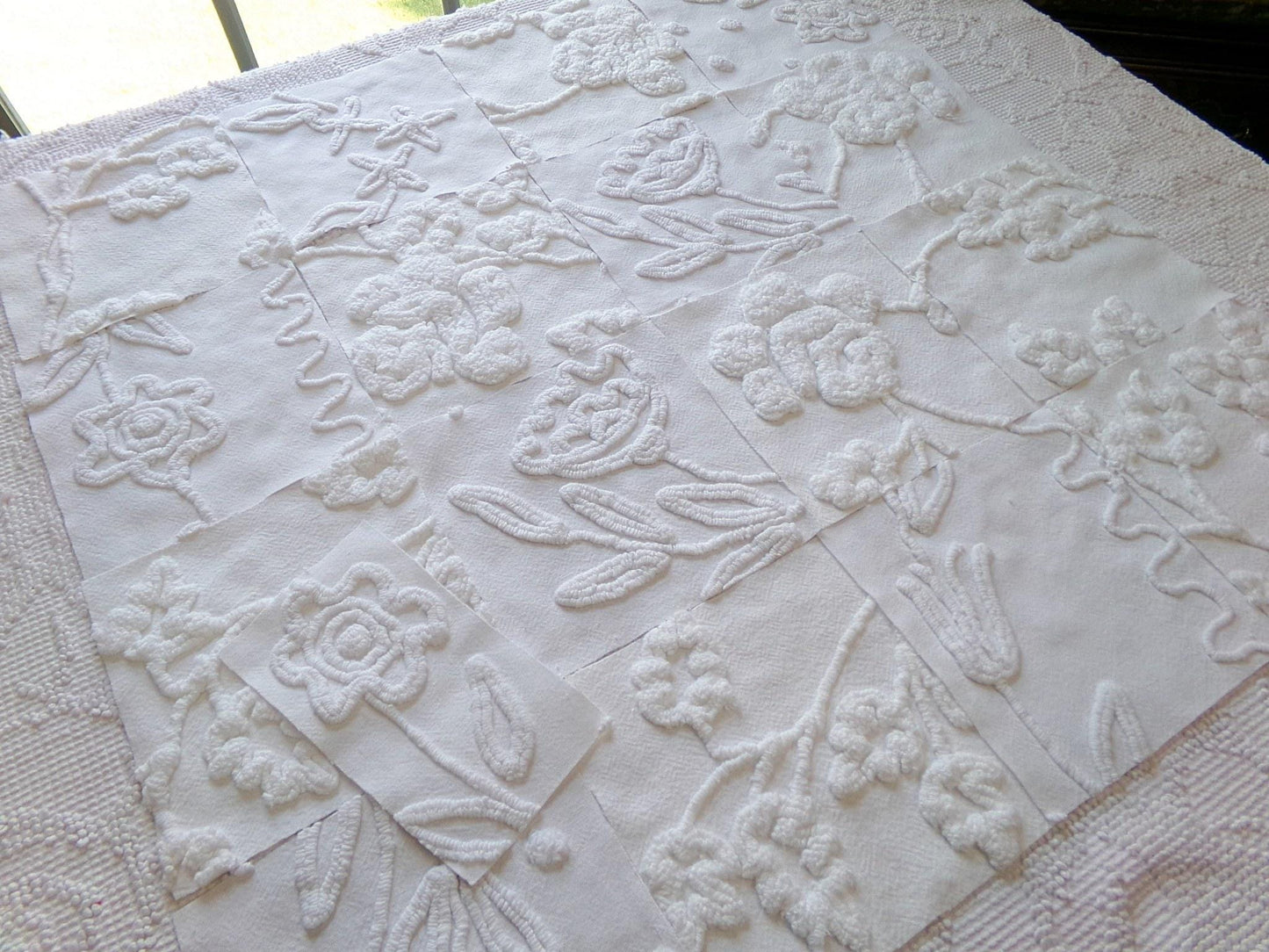 Vintage Chenille Fabric Squares in Rose Lily White Florals from Vintage Bedspread Fabric, Set of 16 Quilt Blocks, 6" x 6" inch