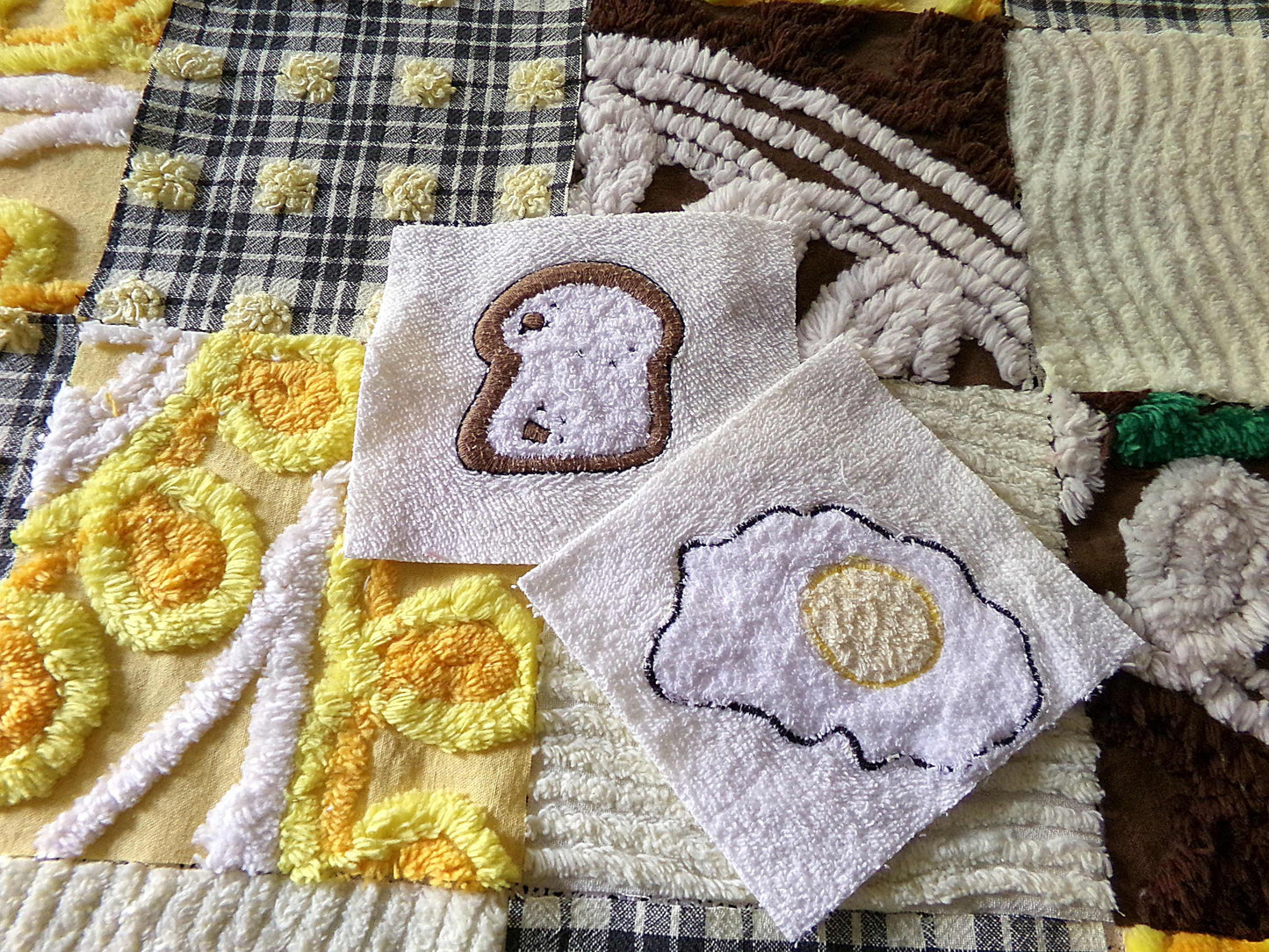 retro diner vintage 6" chenille squares, set of 16 novelty quilt blocks cut from vintage chenille bedspread fabrics, breakfast eggs & toast