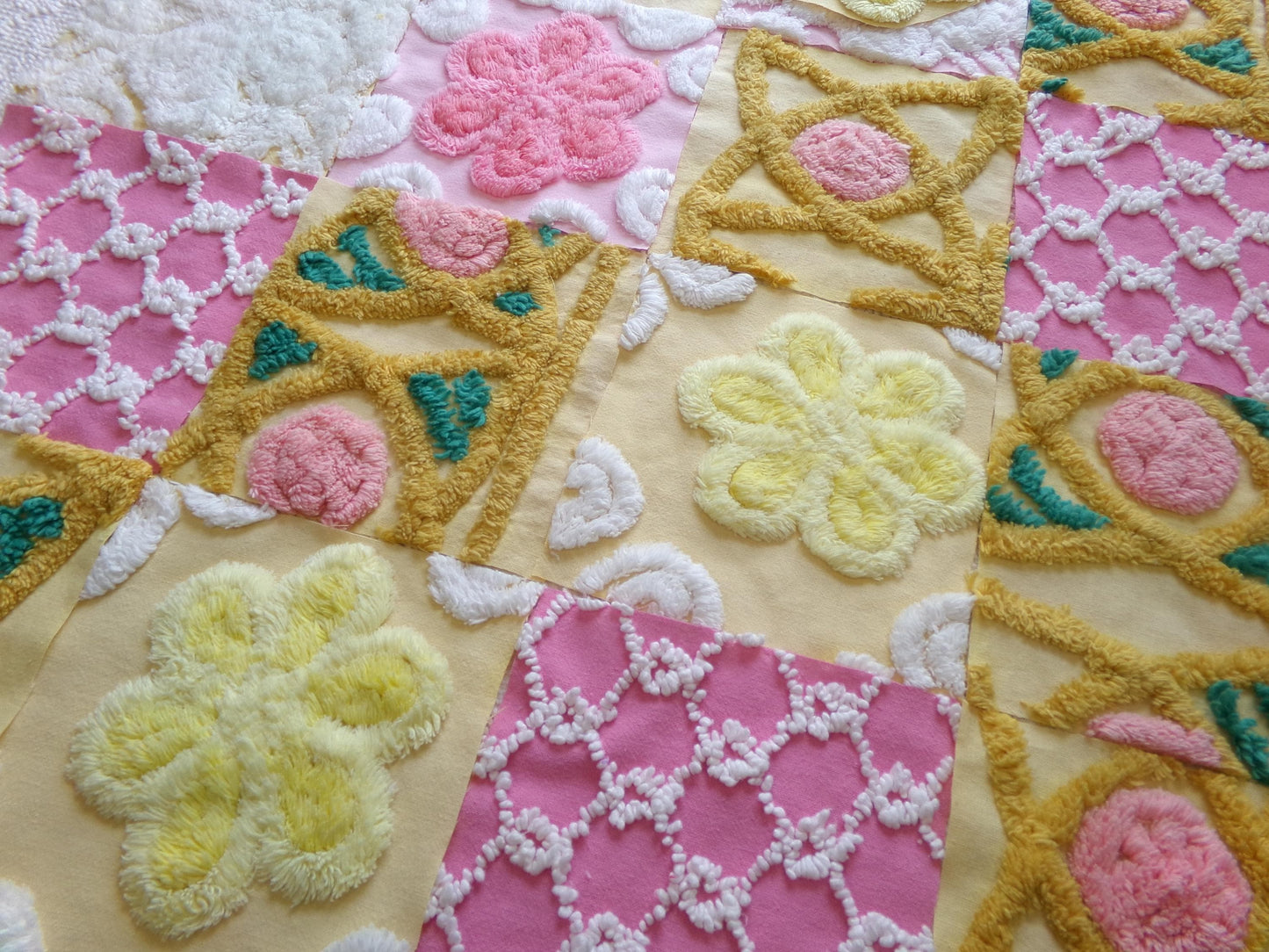 vintage chenille fabric squares, "secret garden" set of 16 floral 6" quilt blocks in yellow, rose pink, gold