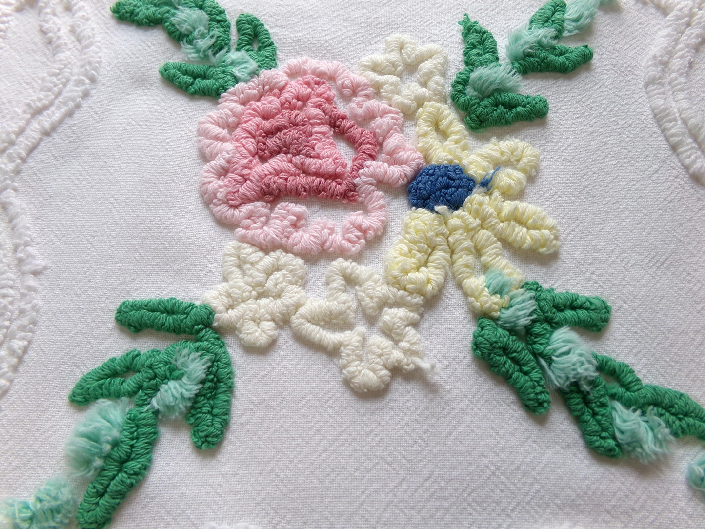 Cottage Style Vintage Chenille Fabric Bundle for Sewing, Quilting in Pink Floral, White & Green | 2 Pieces 12" x 18" each