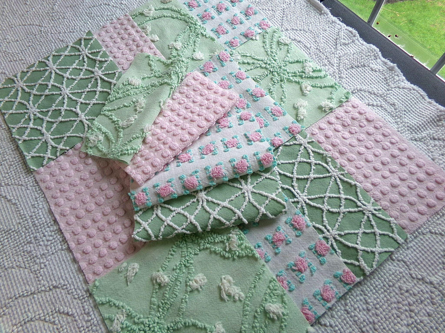 secret garden chenille fabric squares, 16 vintage 6" quilt blocks in pink & green, for sewing, crafts, fiber arts
