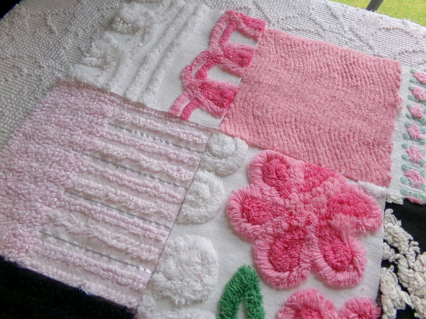 french cafe chenille squares, set of 16 vintage pink & black 6" fabric blocks, chic designs for quilt inlays, pillows, fiber arts