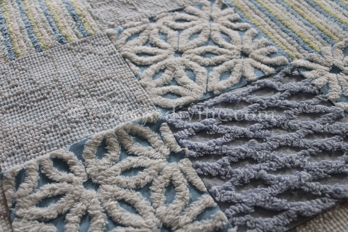 COOL COASTAL Chenille Quilt Squares Set, from Vintage Bedspread Fabric, 16 Blocks, 6" inch