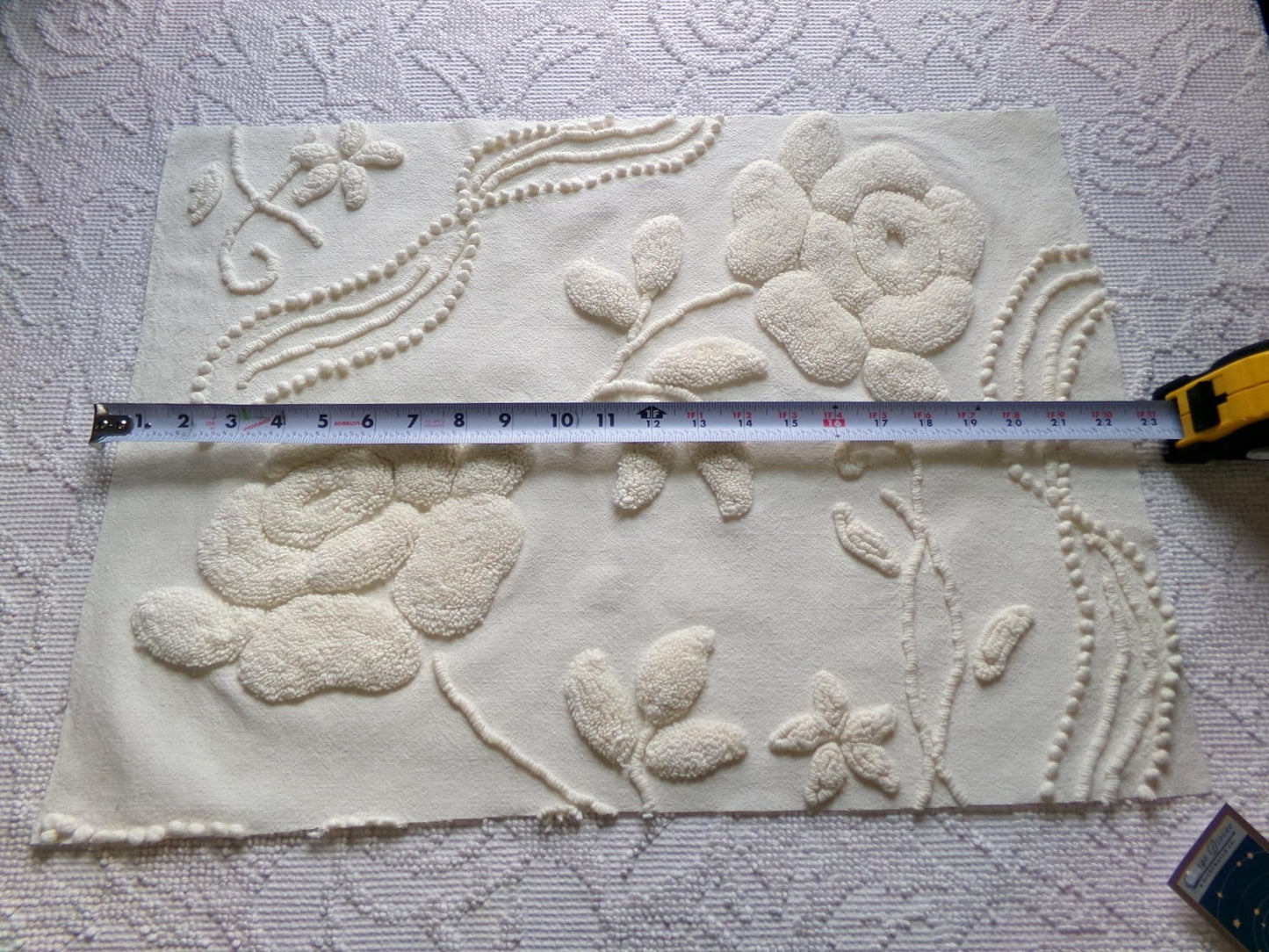 ivory rose vintage chenille fabric, vintage cotton 15" x 21" cut piece with sprawling stylized roses for quilting crafts and sewing