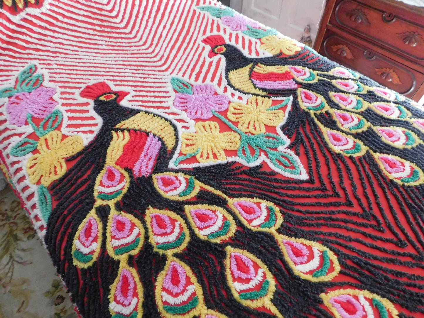 Vivid Red Peacock Vintage Chenille Bedspread, Rainbow Lovebirds with Gothic Black Feathers, 100% Cotton Full Size Bedding