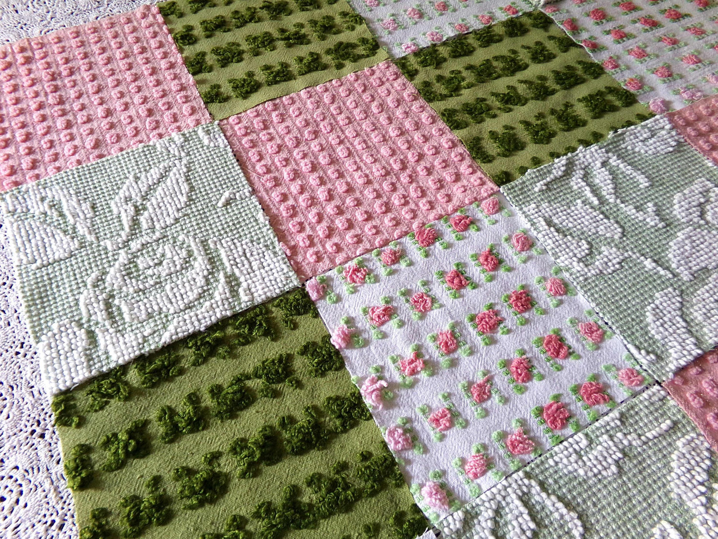 Olive & Ombre Rose Chenille Fabric Squares Set, Old Fashioned 16 Vintage Quilt Blocks, 6" x 6" inches each, for Quilting, Sewing, Pillows