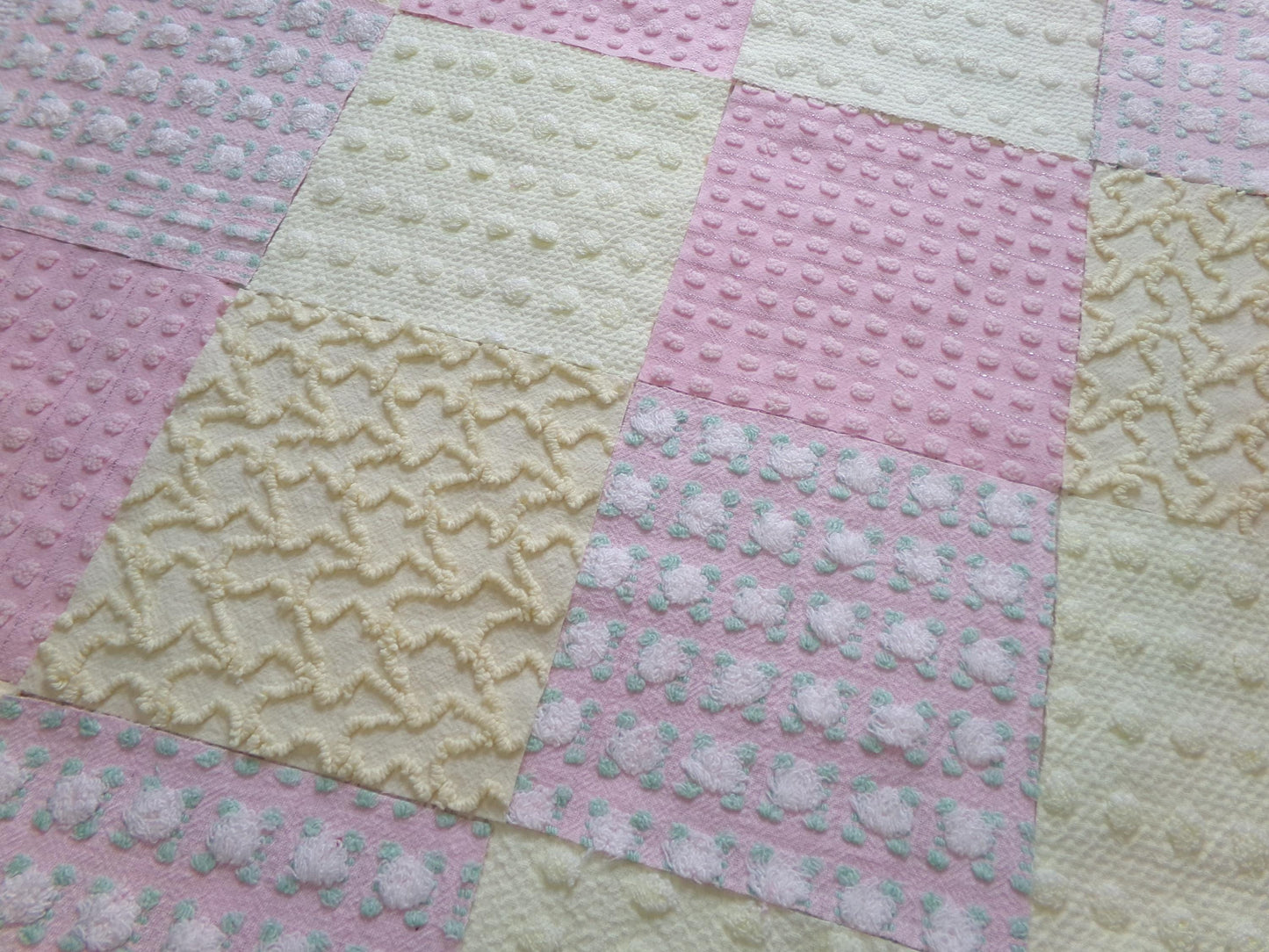 cheerful spring chenille fabric squares, set of 16 vintage pink & yellow quilt blocks 6" ea, rosebud, squiggles for crafts, quilting