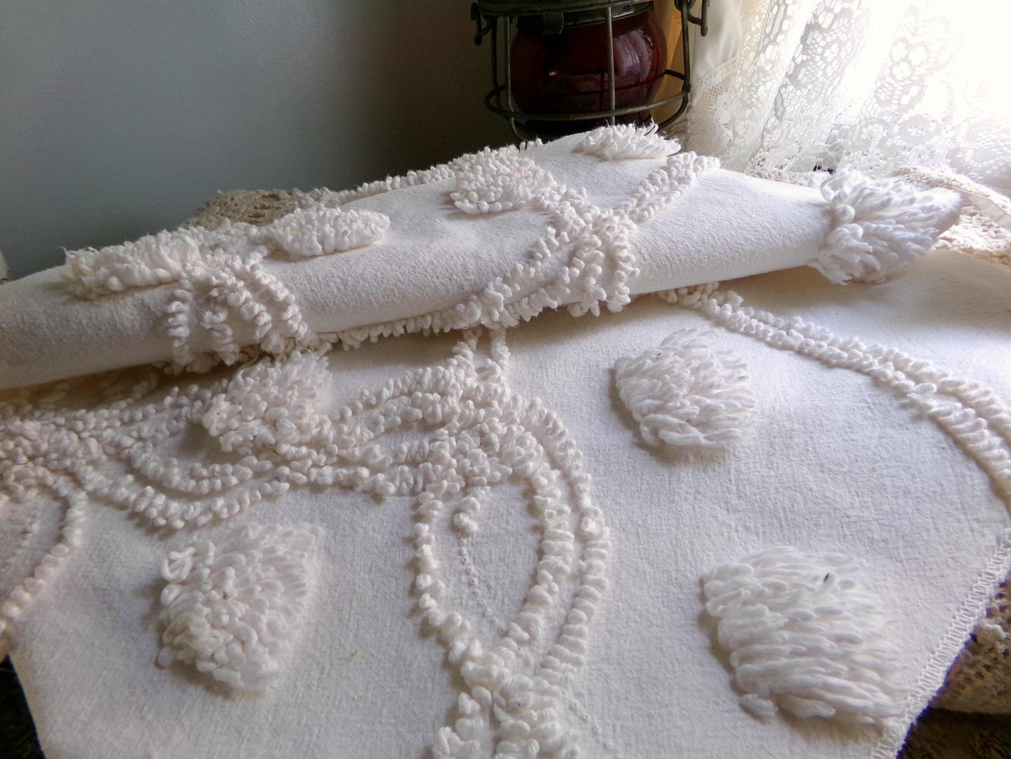 Fluffy Jumbo Pops Vintage Chenille Fabric, Shabby Chic Puffs, 21" x 25" inch Piece, Neutral Antique Cream for Pillows, Quilting