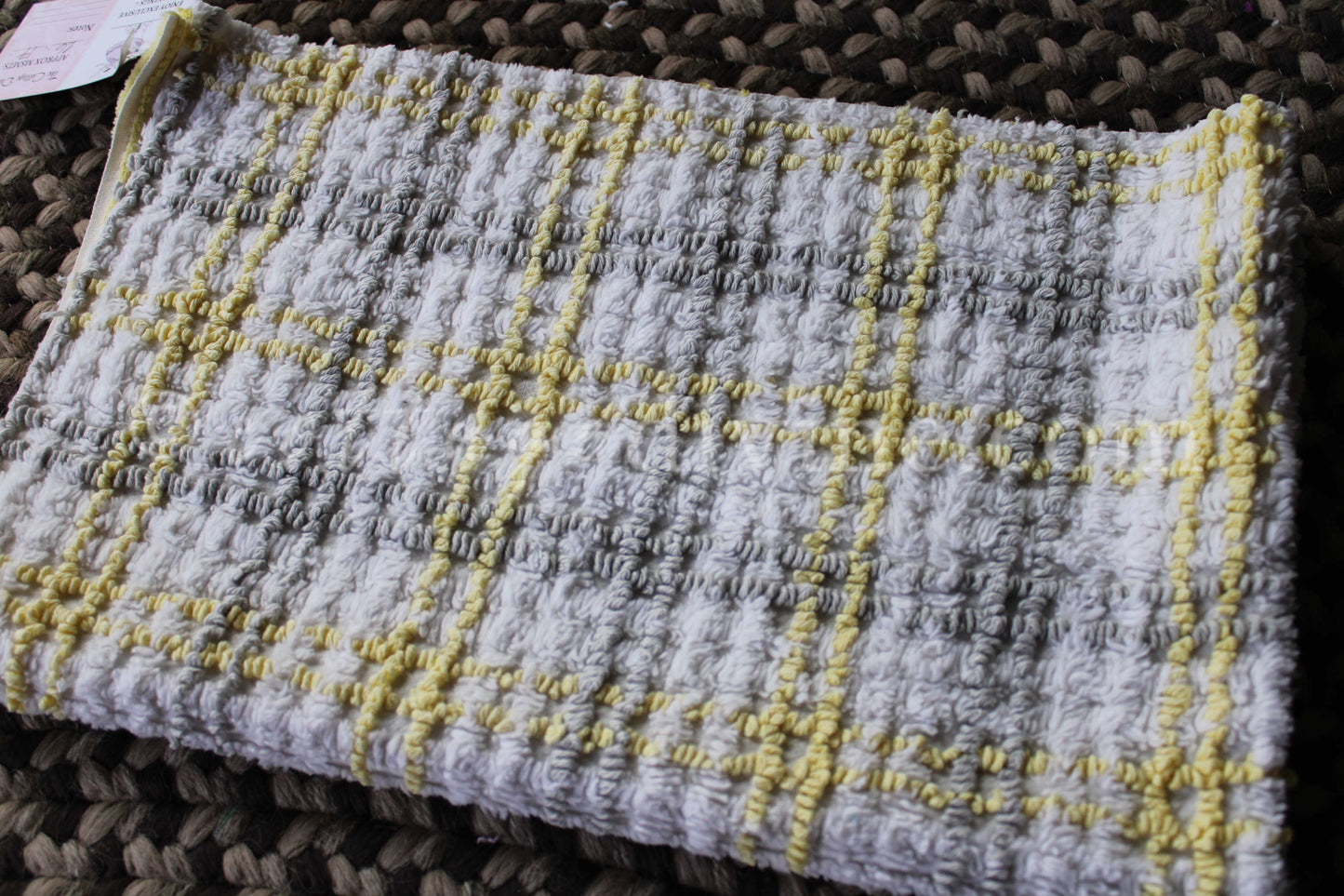 Stormy Grey, Sunny Yellow Plaid Vintage Chenille FABRIC PIECE, 17" x 26" inches, Cabin Crafts Texturized Contrast Needletufting