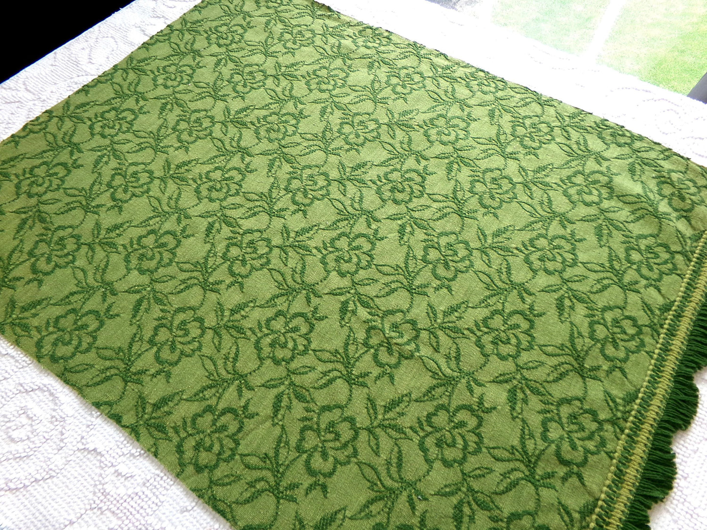 grecian green rose vintage woven fabric, gothic floral design w/ scallop fringe trim edge, 19" x 24" cut piece great for small bags