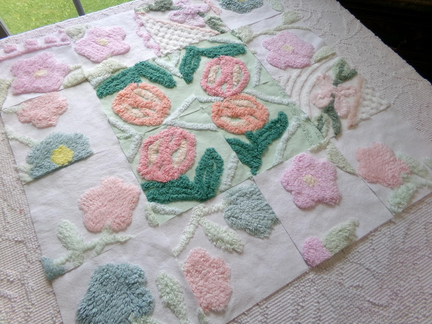 blooms chenille fabric squares, set of 16 lovely vintage floral 6" craft blocks, for quilt inlays, pillows, fiber arts