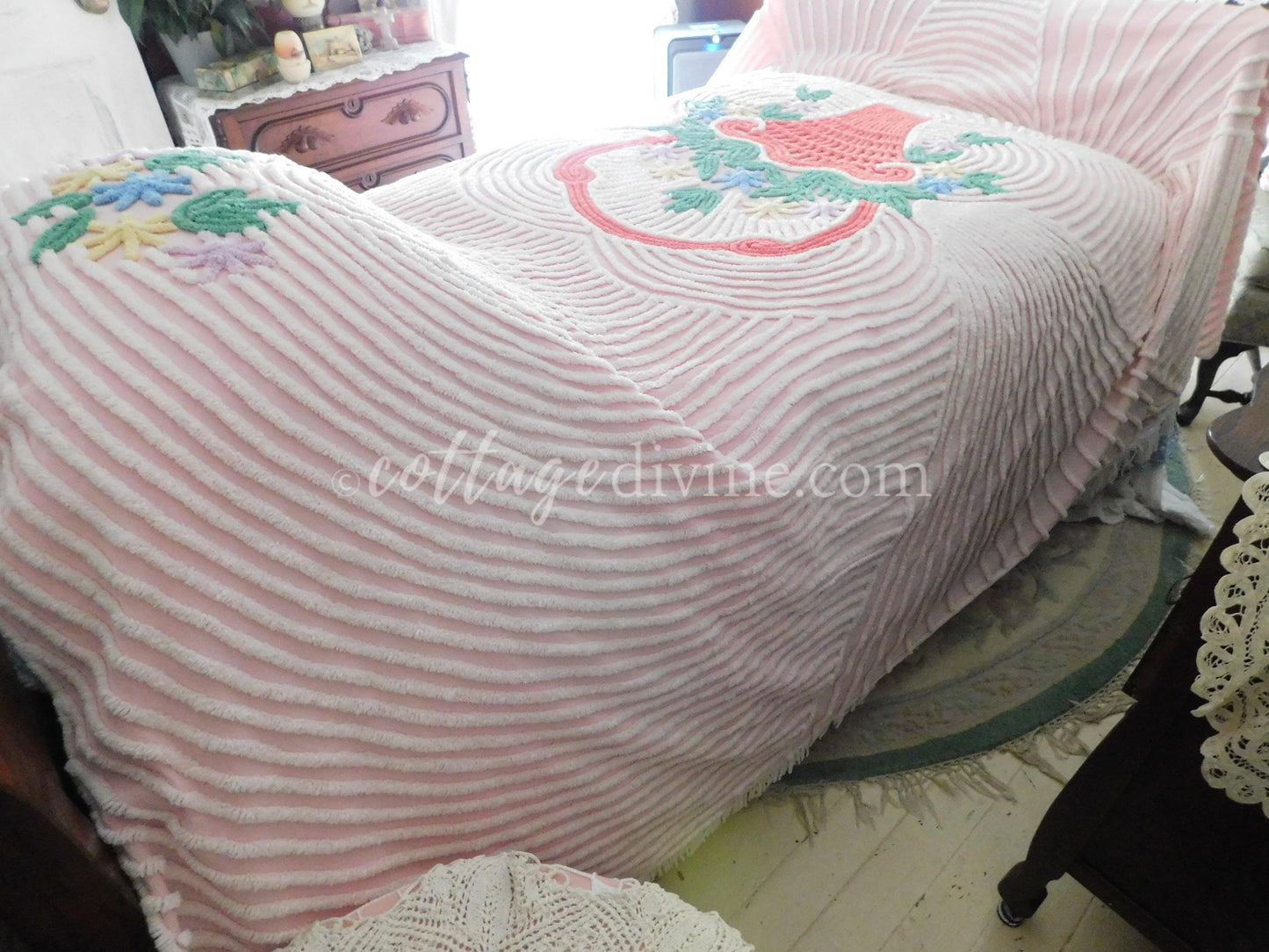 shabby girl pink vintage chenille bedspread, large flower basket & white swirls, full size summery cotton bedding