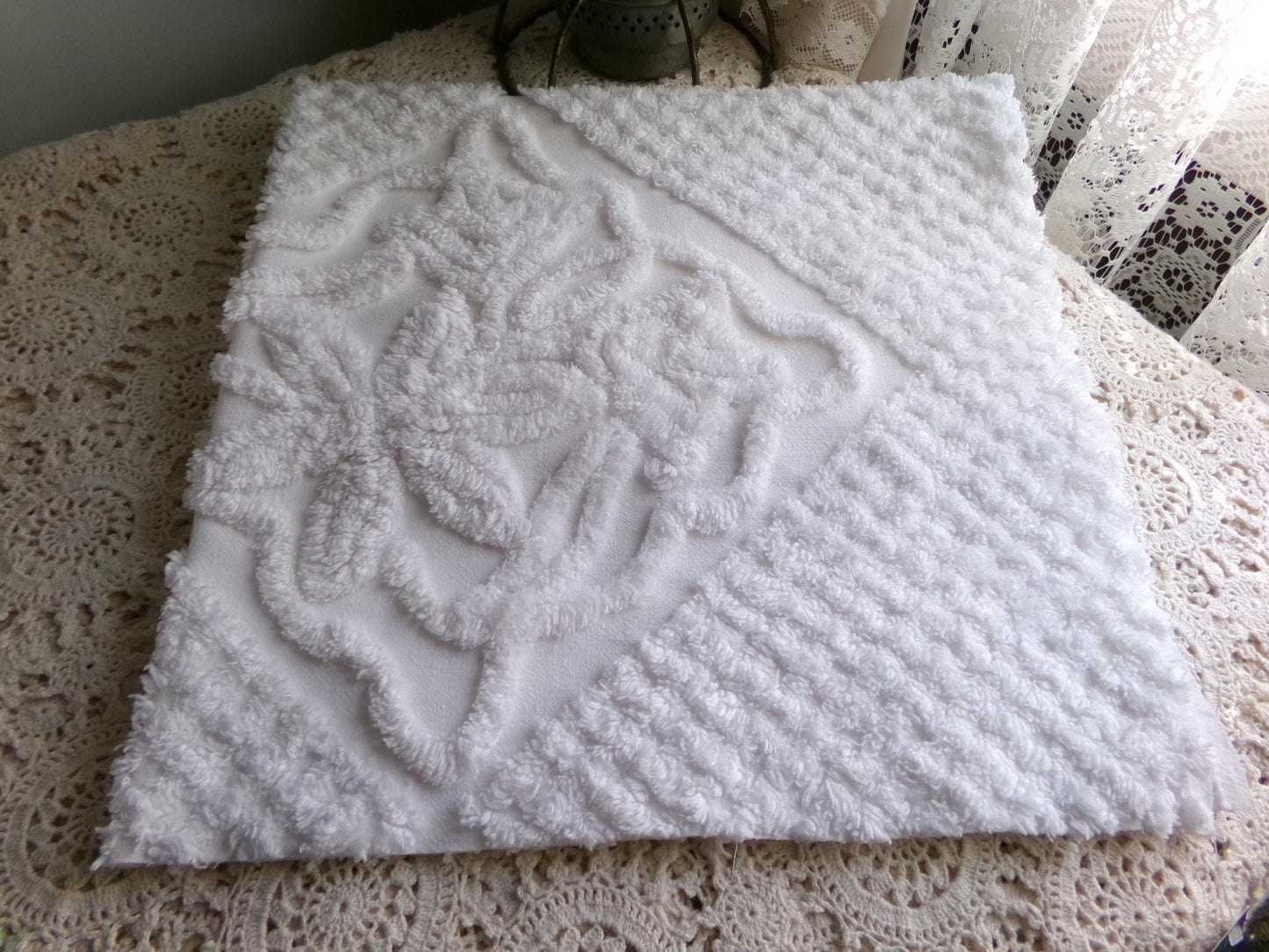 soft white lily chenille fabric, elaborate squiggle floral grid design, 20" x 25" inch piece shabby vintage cotton sewing & quilt material