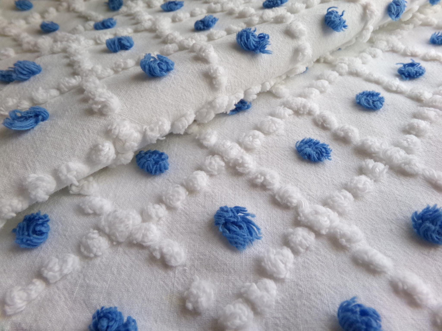 blueberry & white snowdrop pops chenille fabric, 18" x 26" inch piece of vintage sewing material for quilting, crafts