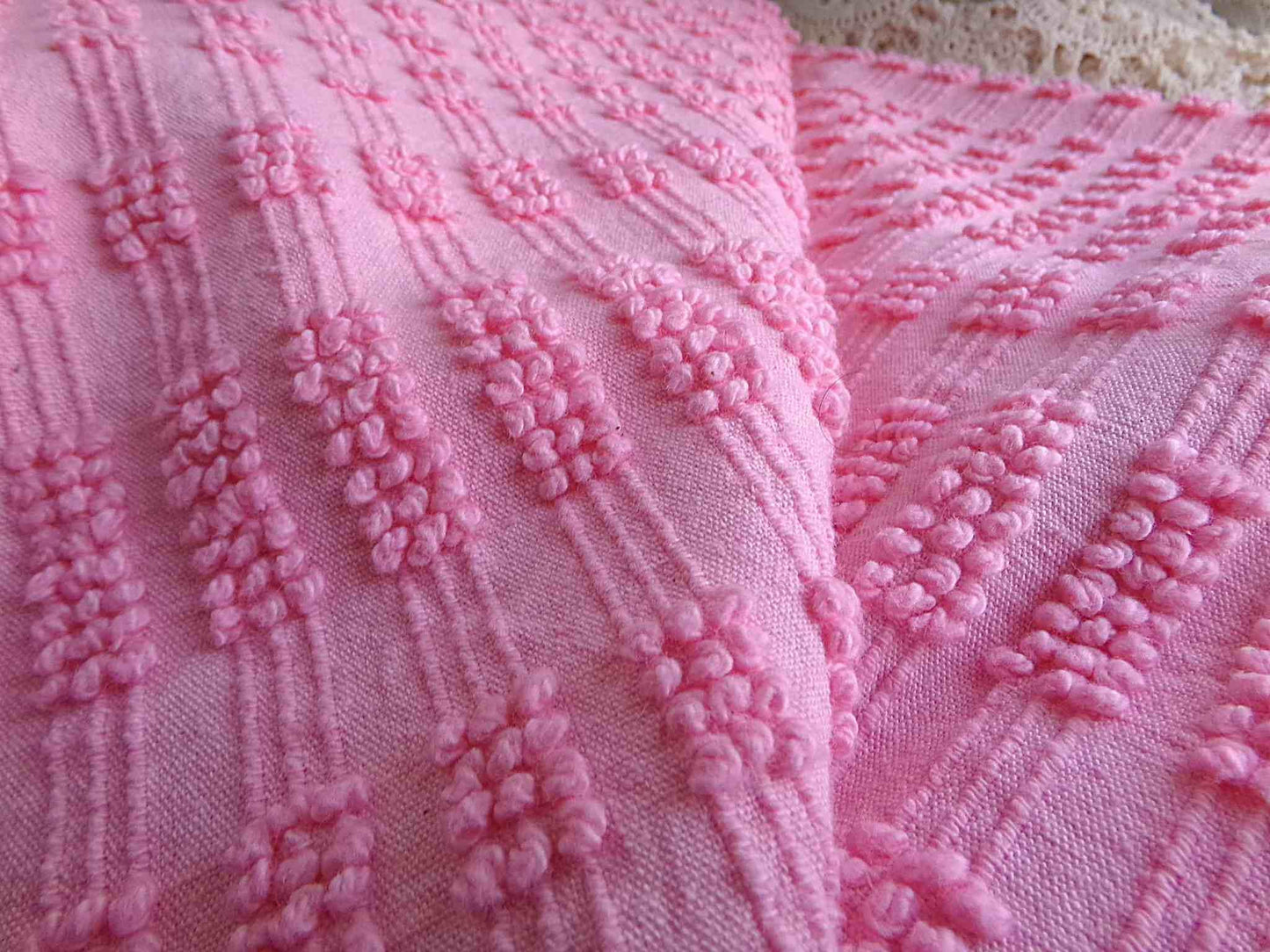 pink pearly pops vintage chenille fabric, 20" x 24" cut piece quilt material for sewing, crafts, upcycling, fun texture & unique design