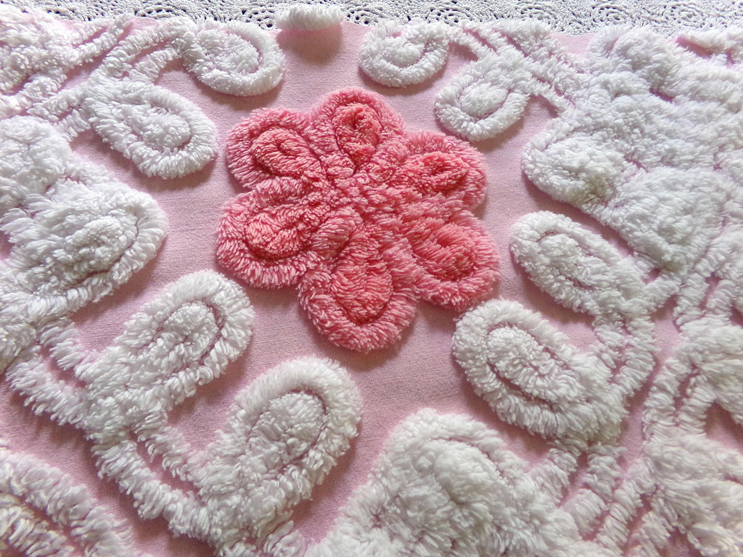 cupcake frosting pink chenille fabric, plush floral curlicue swirls, 22" x 25" inch piece of vintage material for sewing pillows & quilts