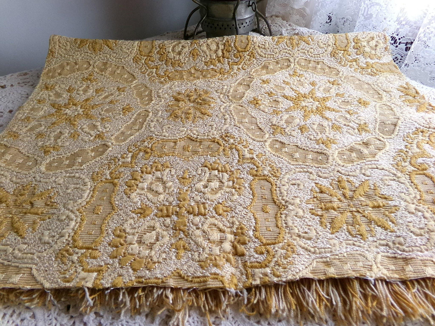 celestial gold matelasse woven tapestry fabric, silky shimmer fringe, 18" x 23" inch piece of vintage luxury sewing material