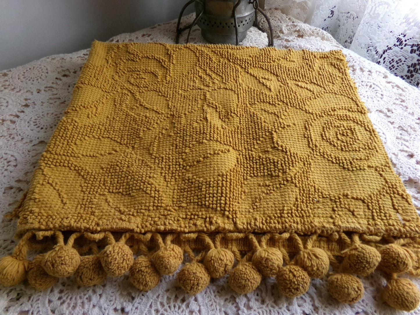boho rose hobnail chenille fabric, vintage saturated retro harvest gold woven sewing material with pom pom trim 20" x 24" inch reversible pc
