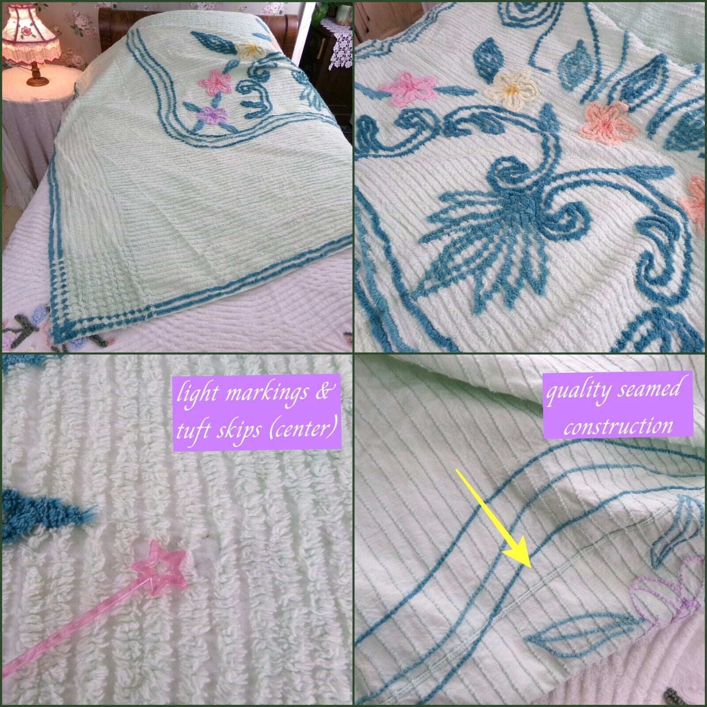 Mint Green Vintage Full Chenille Bedspread Midcentury Sprawling Scroll Floral Design