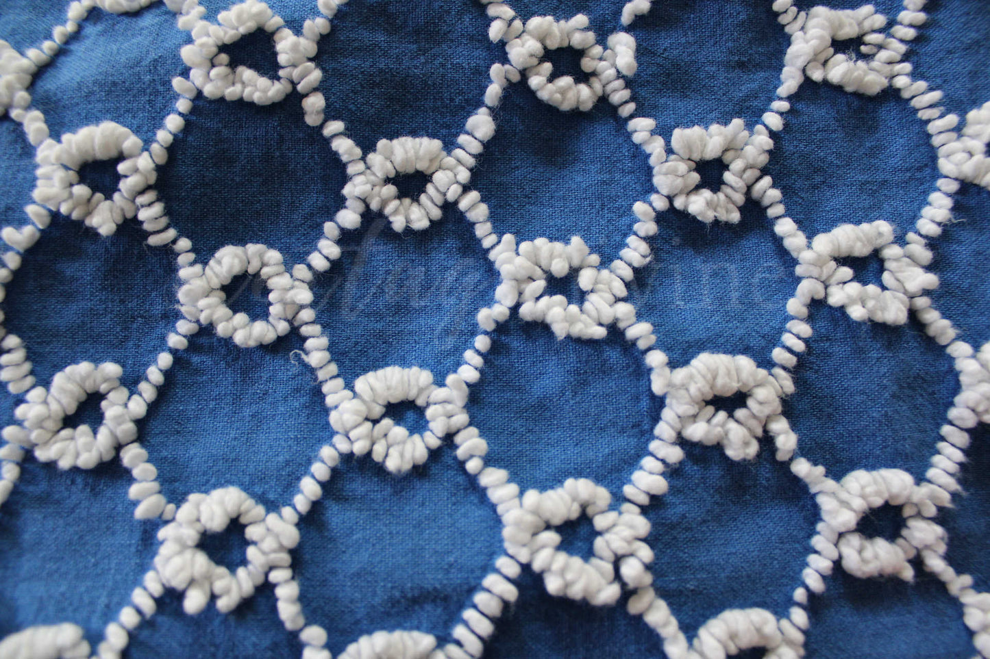 Chain Link Cobalt Blue Vintage Chenille Fabric, 20" x 24"' inch piece, White Needletufted Links on Ultra Lightweight Cotton