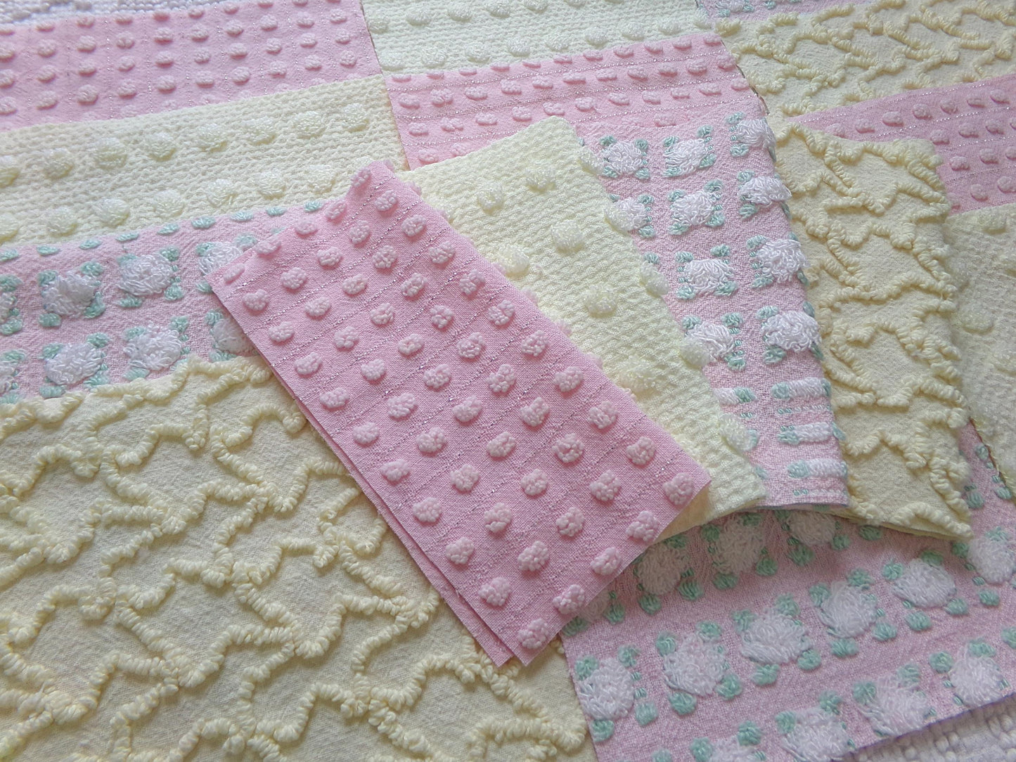 cheerful spring chenille fabric squares, set of 16 vintage pink & yellow quilt blocks 6" ea, rosebud, squiggles for crafts, quilting