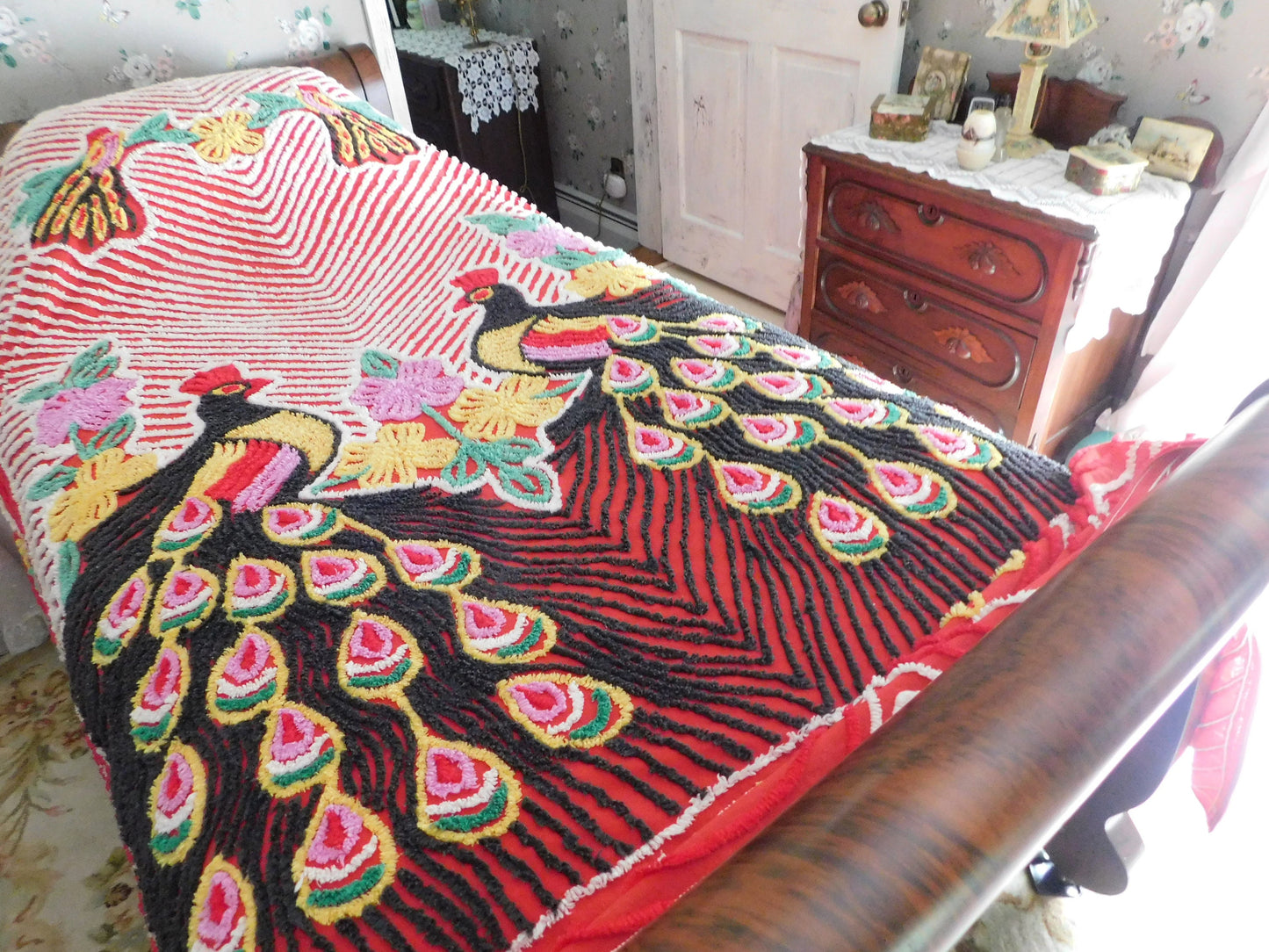 Vivid Red Peacock Vintage Chenille Bedspread, Rainbow Lovebirds with Gothic Black Feathers, 100% Cotton Full Size Bedding