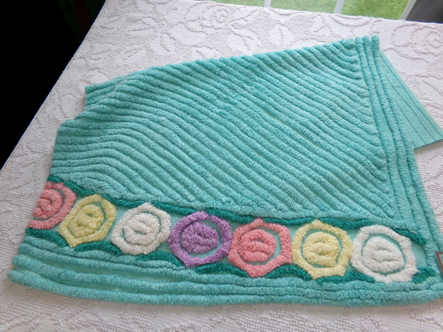 vintage plush aqua chenille fabric, rainbow lollipop roses design, 19" x 24" piece of sewing material