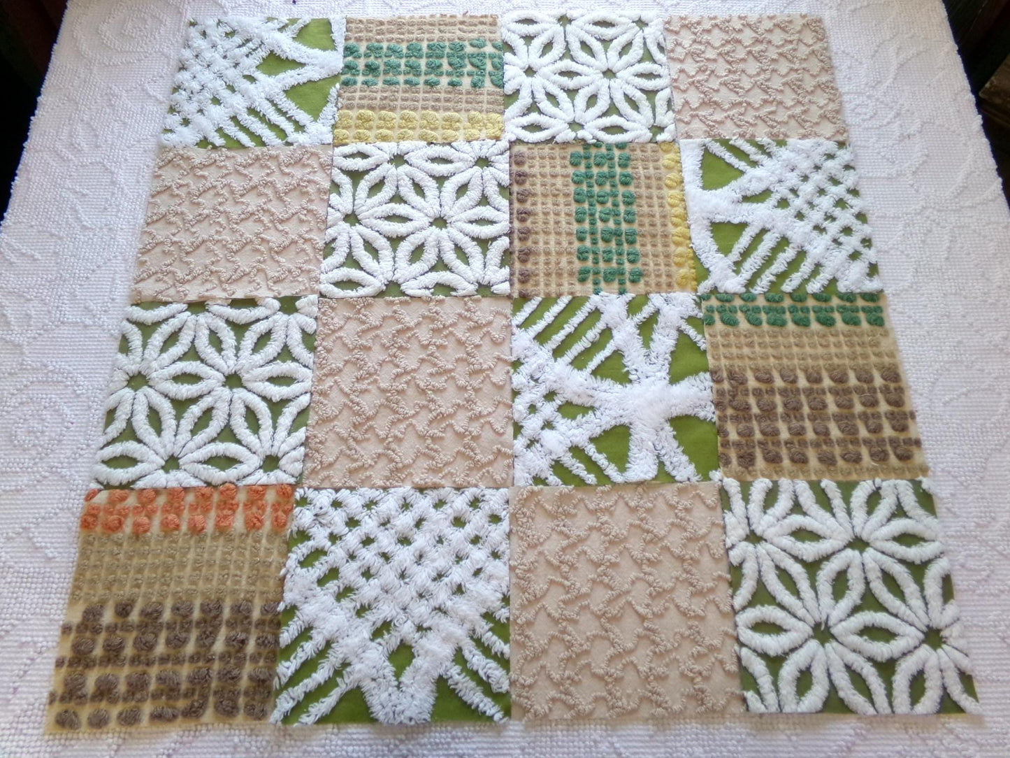 boho babe vintage chenille fabric squares, set of 16 earthtone olive, mocha, white quilt blocks 6" ea, for fiber arts, sewing, quilting