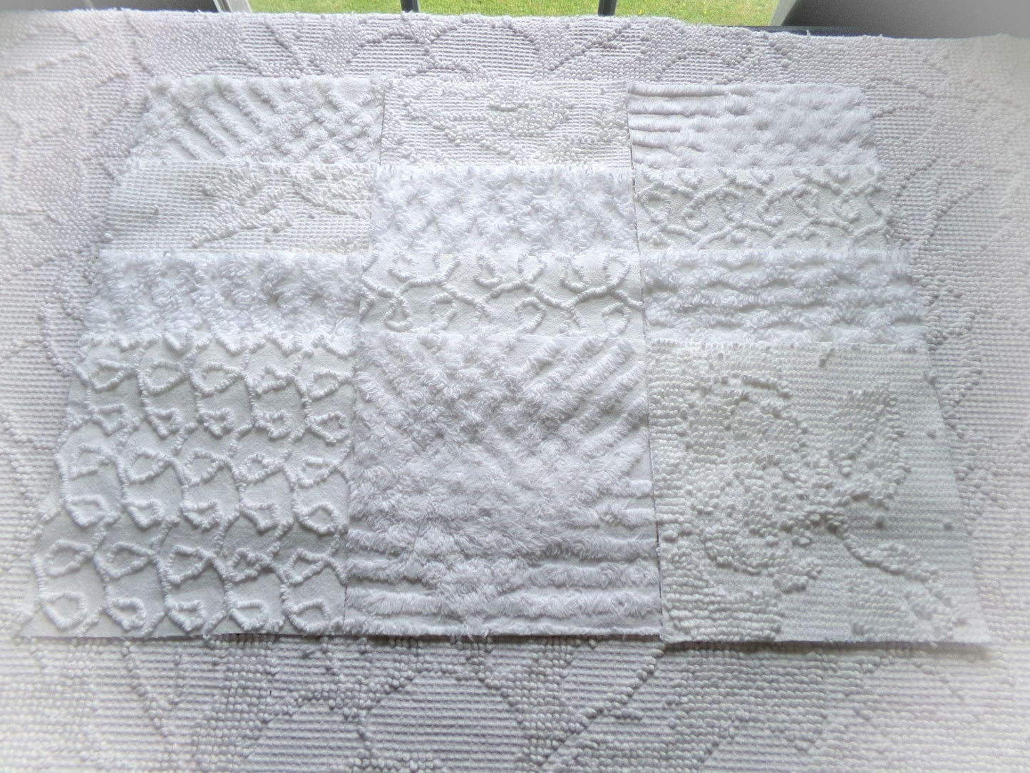 white vintage 6" chenille squares, set of 12 quilt blocks in a classic selection of popular patterns for sewing & crafts