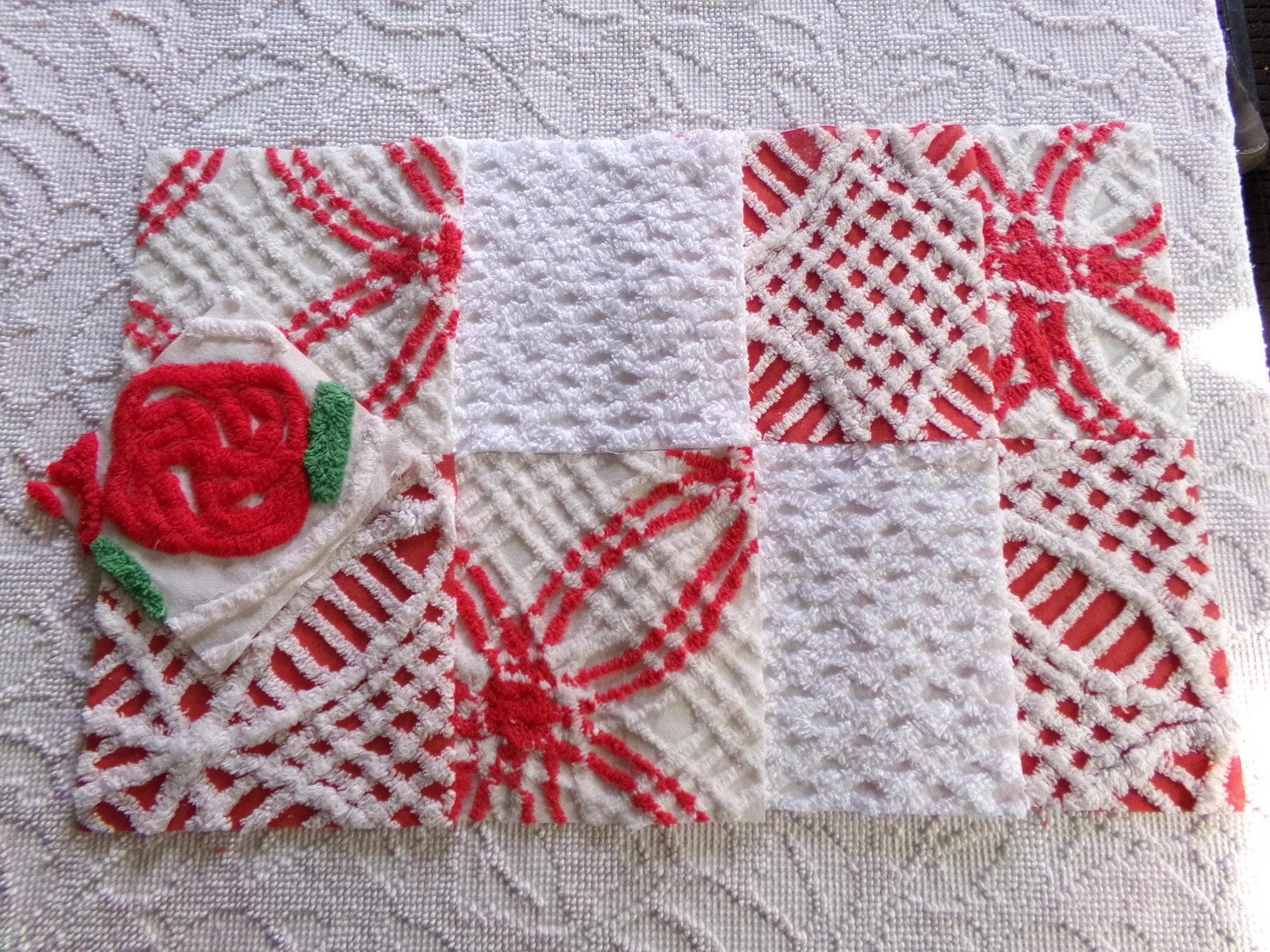 rose red & white chenille fabric squares, 7.5" vintage quilt blocks, set of 8 for sewing, Christmas crafts, quilting