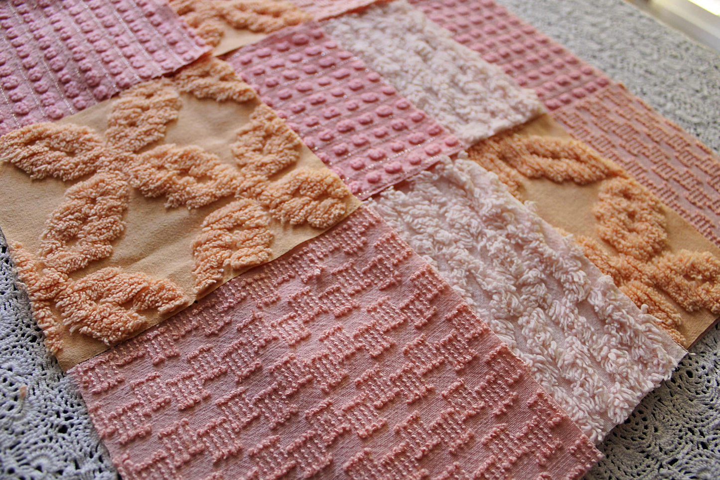 peach nectar vintage chenille fabric squares, set of 16 geometric 6" quilt squares in texturized geometric designs