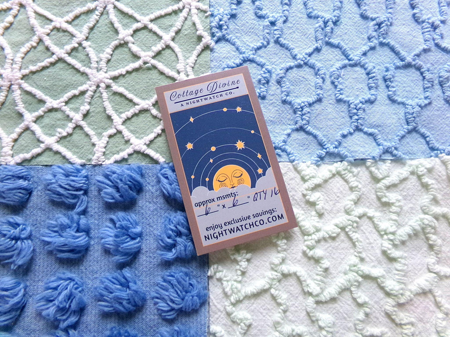 misty mermaid chenille fabric squares, 16 vintage 6" quilt blocks in coastal blue & green, for sewing, crafts, fiber arts