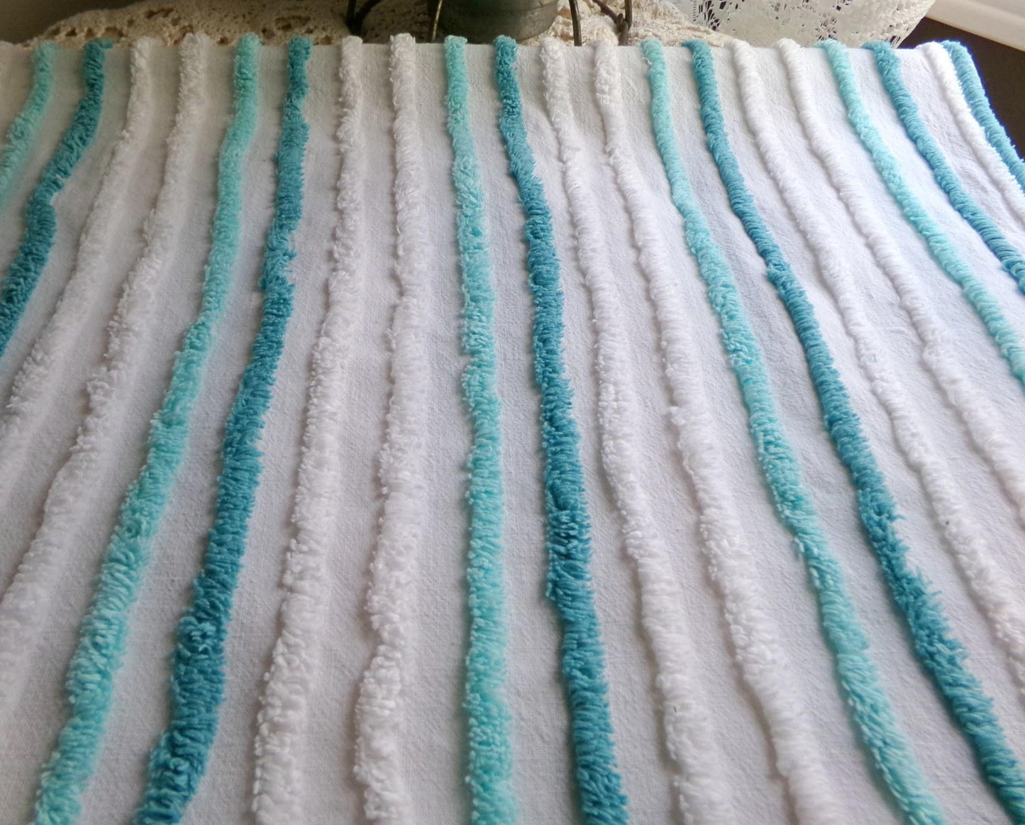 chic coastal cottage vintage chenille fabric, aqua, teal & white striped sewing material for chenille quilts, crafts, 17" x 27" inch piece