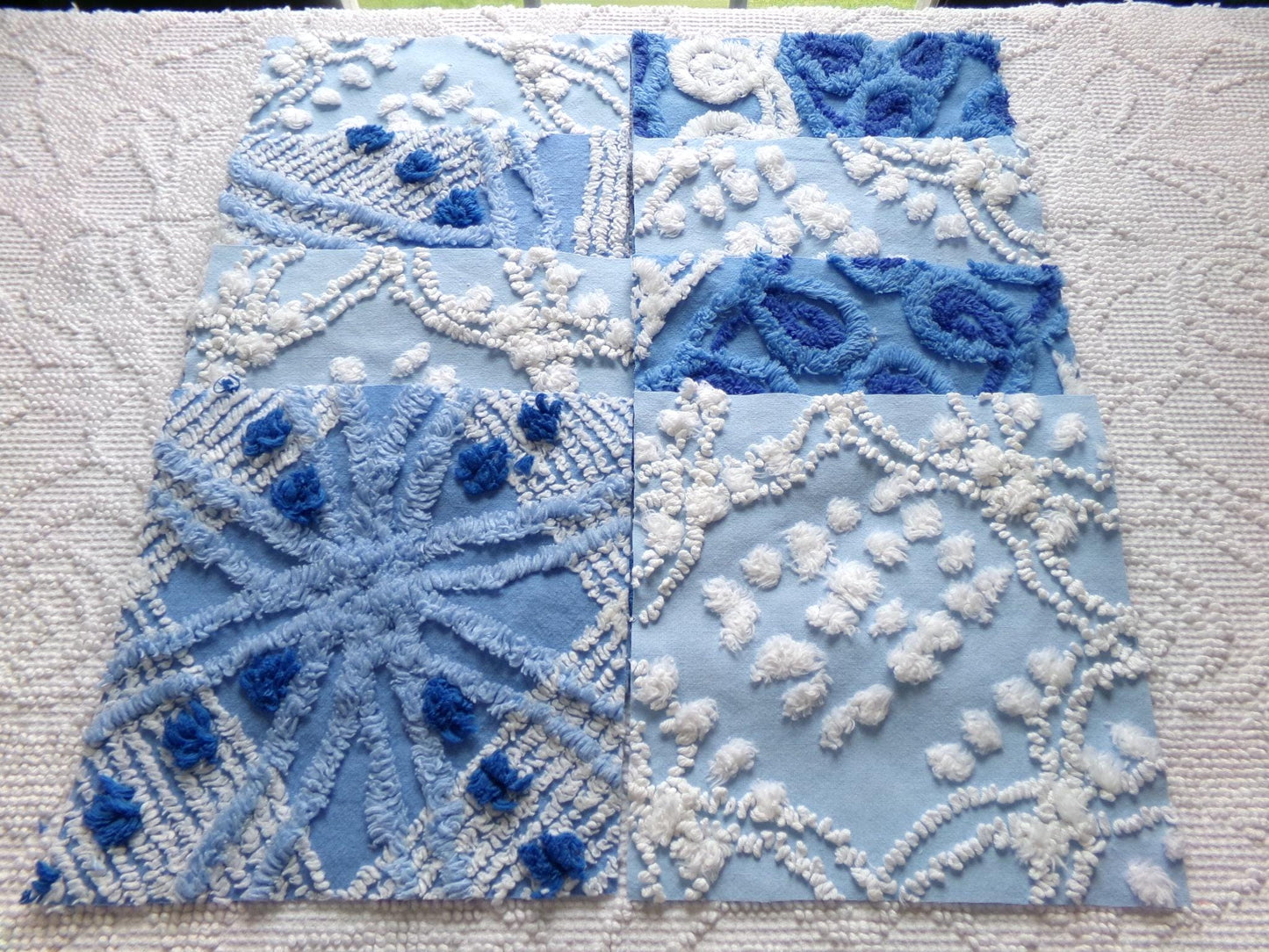 starry mystic chenille fabric squares, set of 8 vintage 7.5" quilt blocks, twilight blue & white, for sewing, crafts, quilting