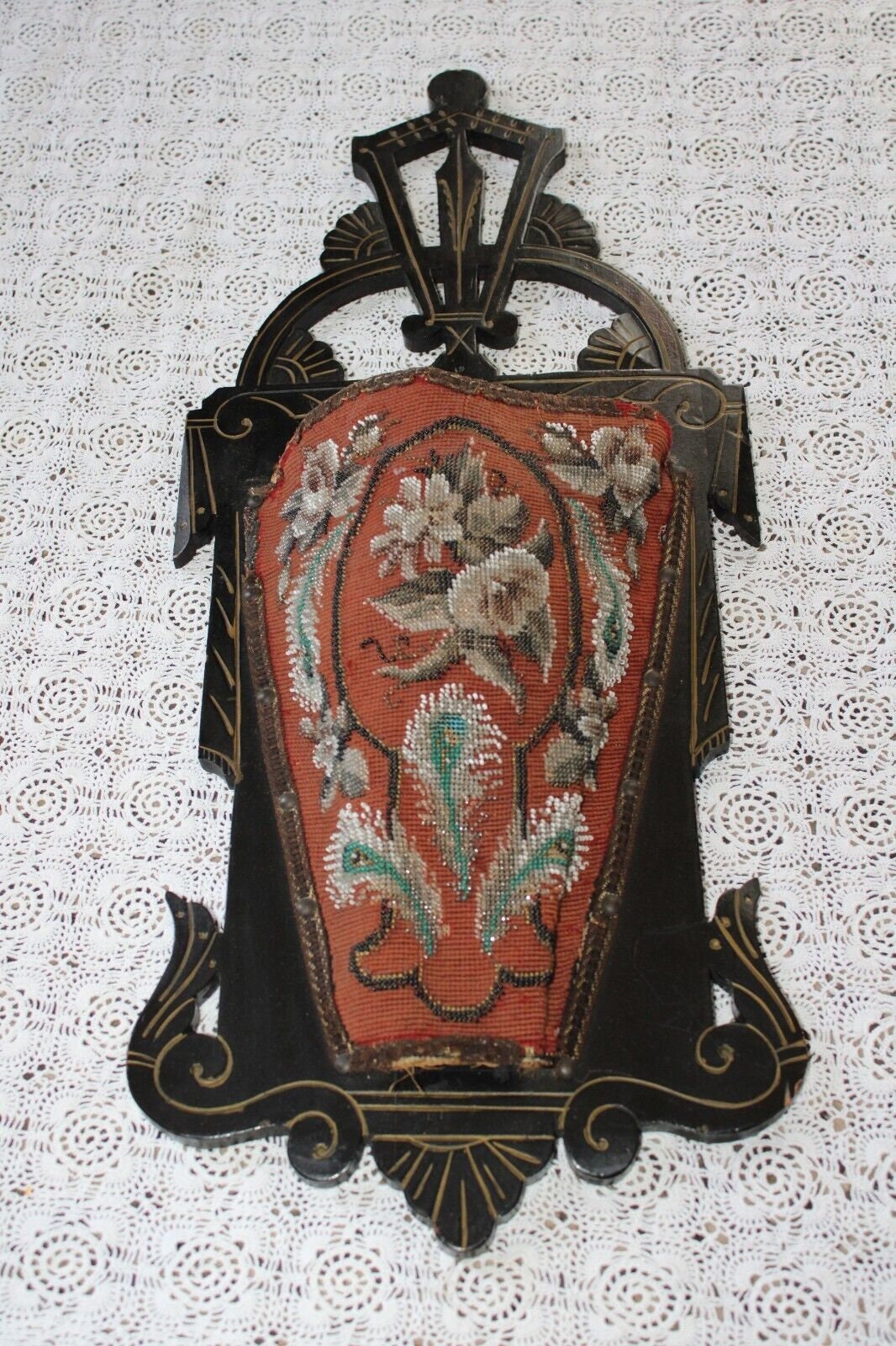 Rare Antique Ornate Victorian Eastlake 1881 Beaded Floral Wall Slipper Pocket
