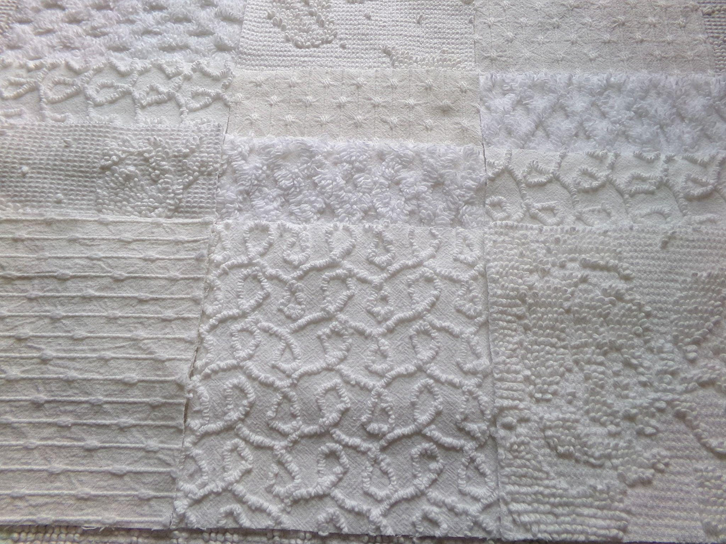white vintage 6" chenille squares, set of 12 quilt blocks in a classic selection of popular patterns for sewing & crafts