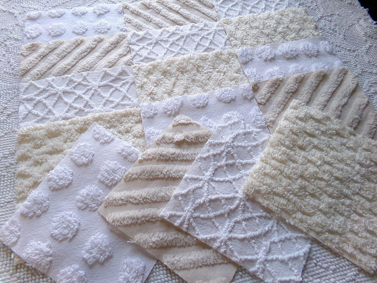 chic neutral chenille fabric squares, set of 16 vintage tan & white quilt blocks 6" ea, coin dot, geometric, infinity, for crafts, quilting
