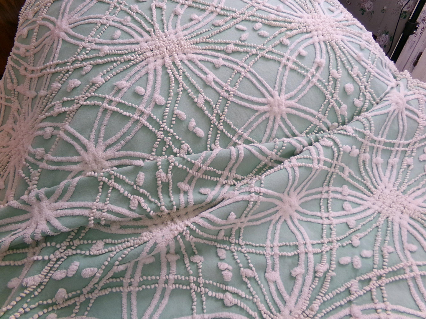 jade green pink rose vintage chenille bedspread, beautiful twin size shabby chic style bedding, great as a summer cottage coverlet
