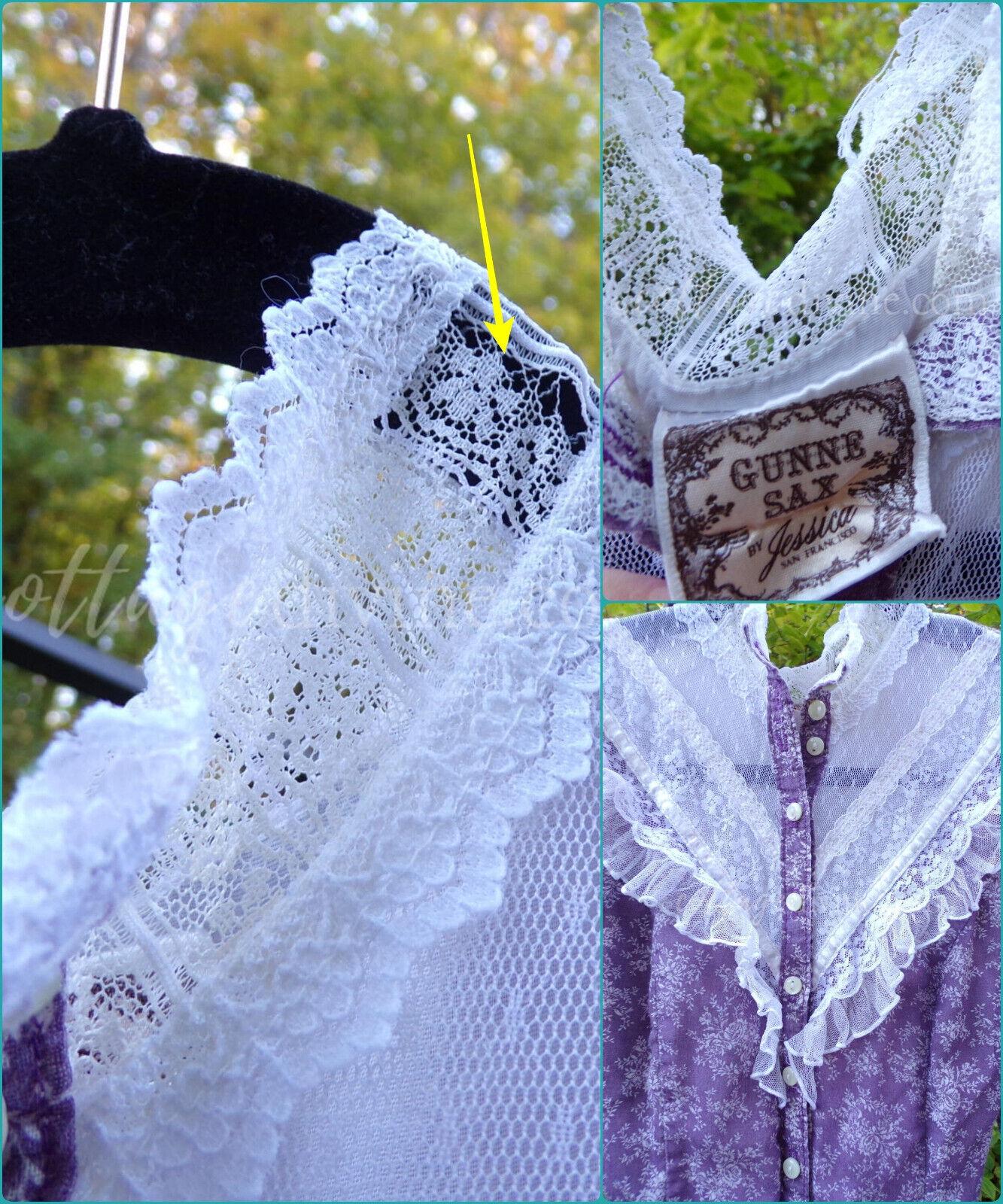 GUNNE SAX prairie dress, vintage midi length 1970s lavender & white calico print with lace and ruffles, very small XXS