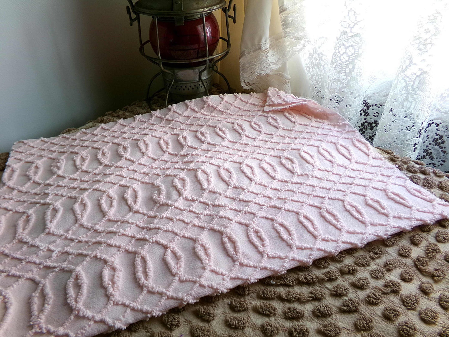 Chic Pink Eternity Links Vintage Chenille Fabric, 18" x 25" inch piece, Delicate Needletuft Design