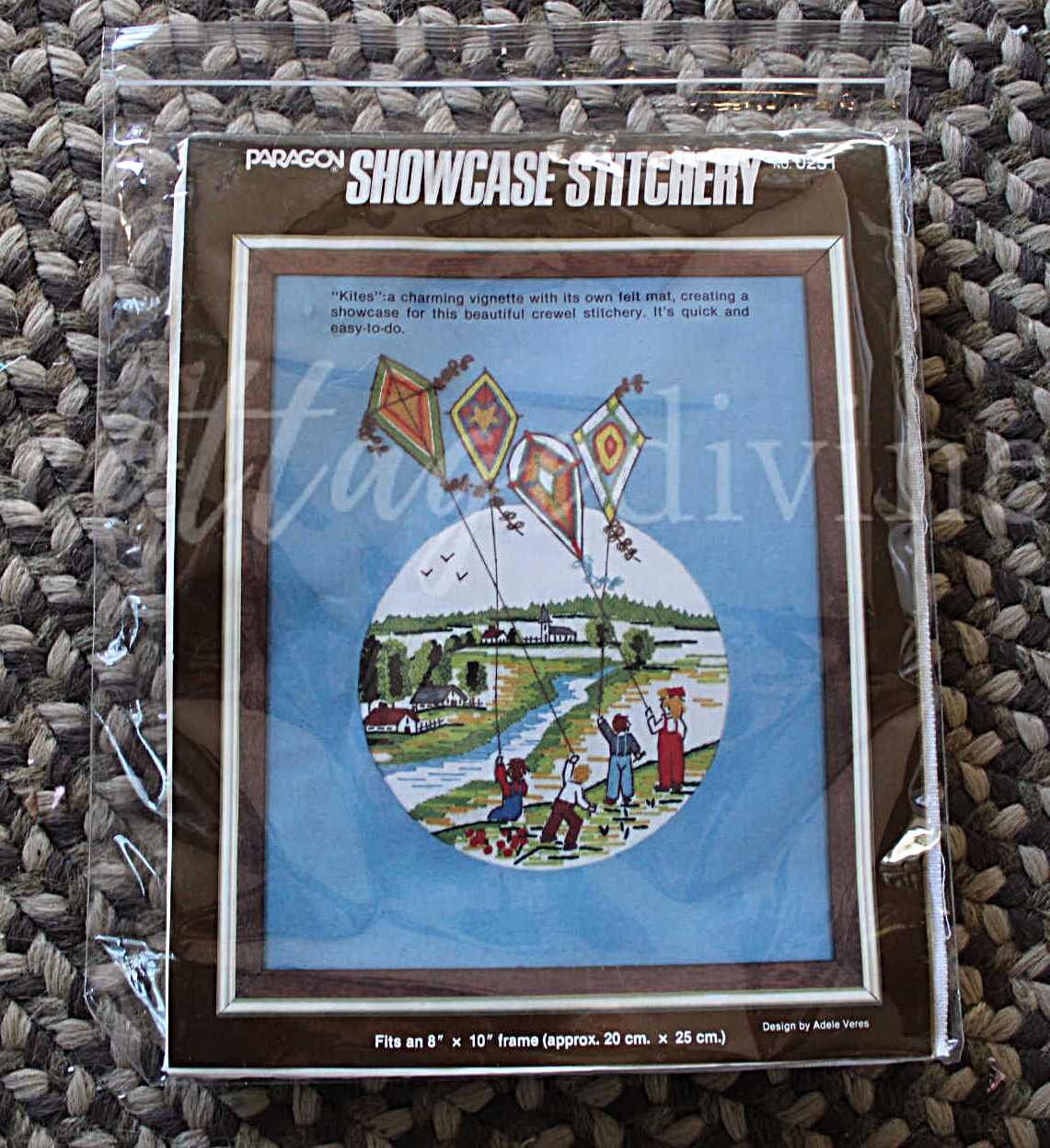 KITES Stitchery Kit Whimsical Vignette Vintage Paragon Creative Crewel Embroidery Design #0251, by Adele Veres, fits 8" x 10" frame