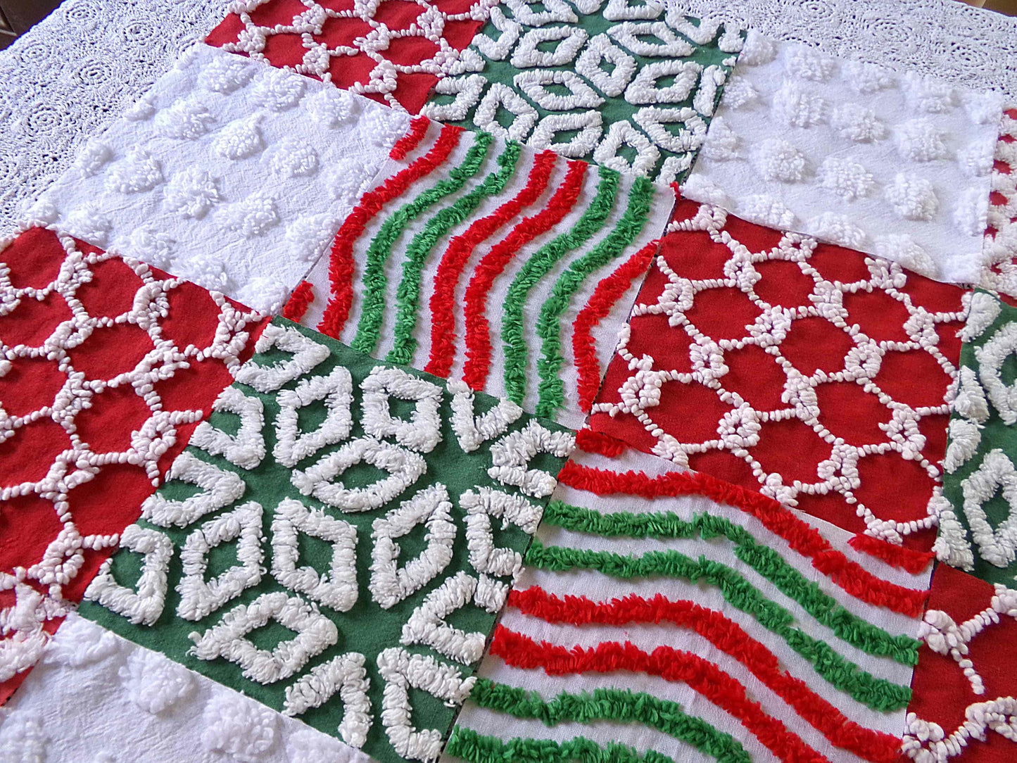 Christmas chenille fabric squares, red, white & green, 16 vintage quilt blocks 6" x 6" inch, for xmas stockings, pillows, quilting, crafts