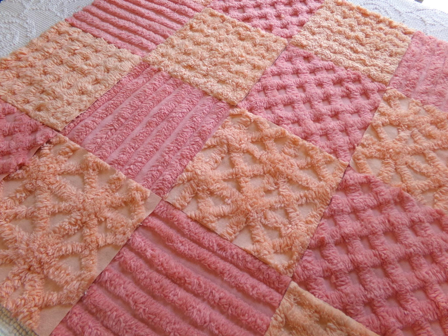 raspberry peach sherbet vintage chenille fabric squares, set of 16 plush soft tufted 6" blocks