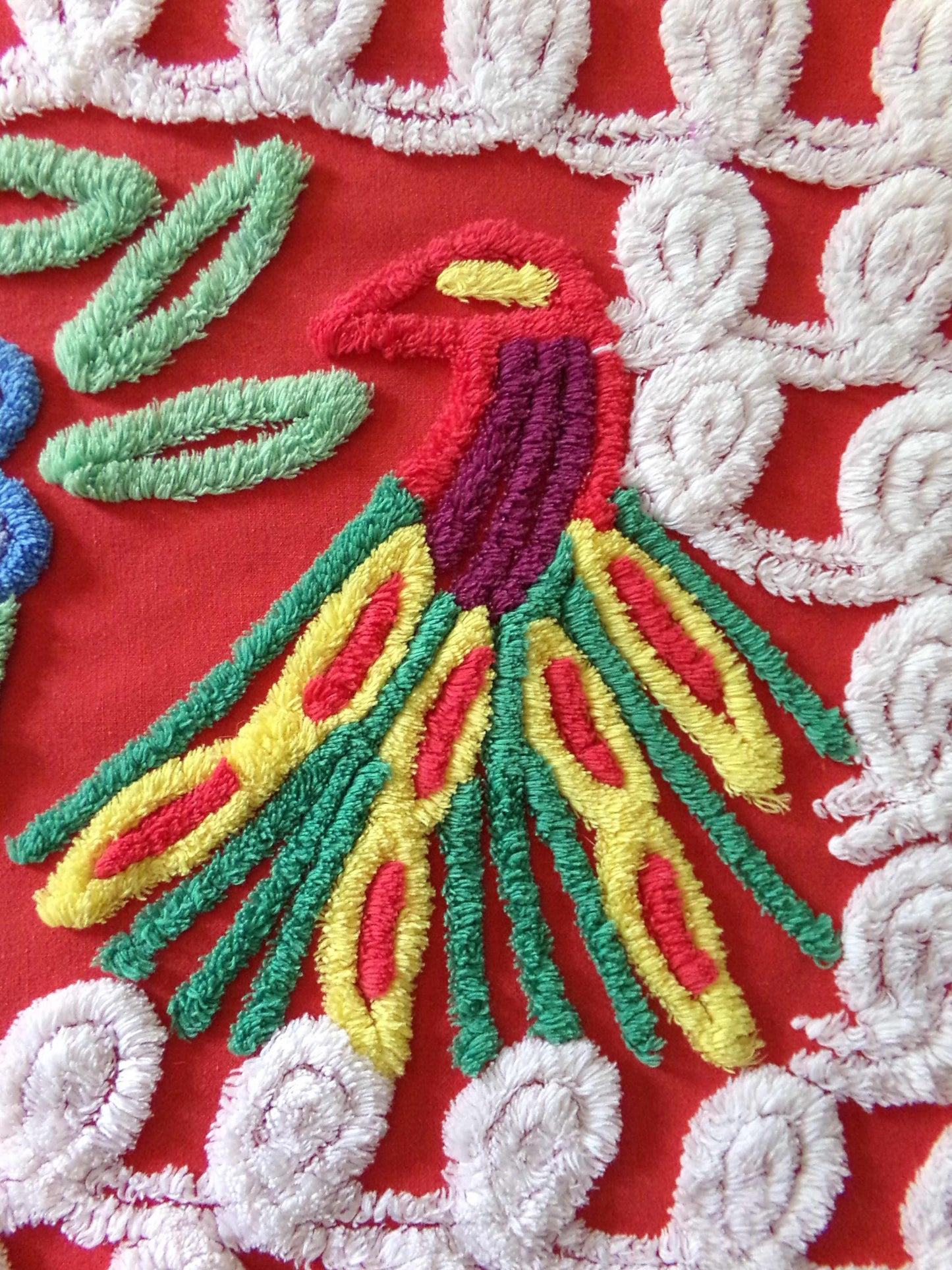 Vintage Peacock Chenille Bedspread Fabric, Pair of Lovebirds on Vivid Red & White Curlicues, 31" x 20" inch Piece, 100% Cotton
