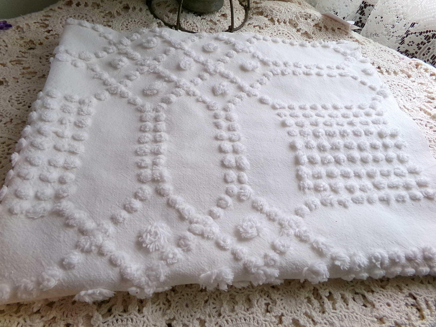 celestial white vintage chenille fabric, vintage geometric piece of cotton sewing material for quilts, pillows, wall hangings, 23" x 28"