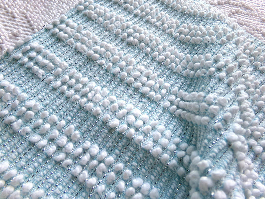 mermaid mist blue vintage chenille fabric w/ white pearls & silver shimmer lurex, nubby texture in a pretty color, 18" x 24" cut piece