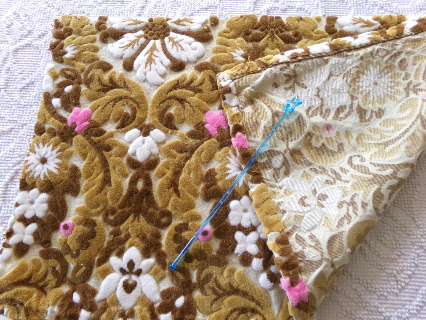 cut velvet fabric in caramel chocolate, vintage Bates tapestry chenille, 12" x 20" inch piece, ideal sewing material for small bags