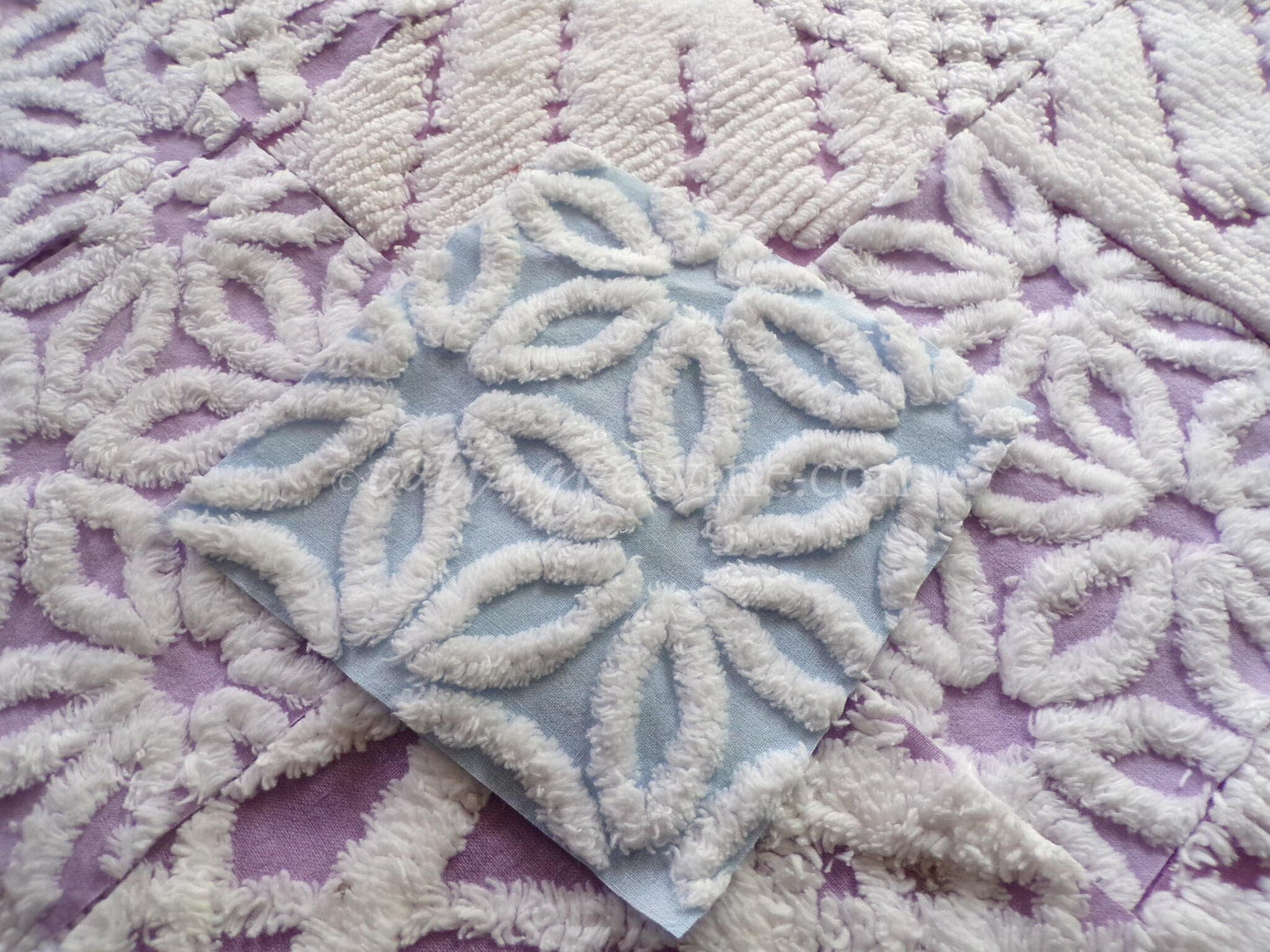 Peaceful Dreams Chenille Fabric Squares Set in Lilac, Blue & White, 16 Vintage Rotary Cut Quilt Blocks, 6" x 6" inch