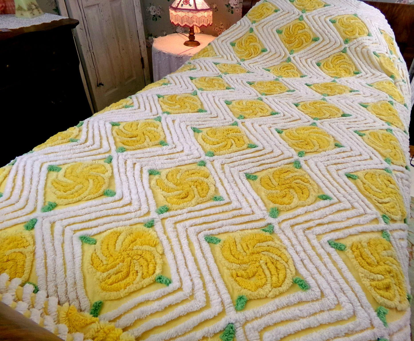 golden rose vintage chenille bedspread, plush pinwheel yellow cabbage rose design, full size cotton bedding