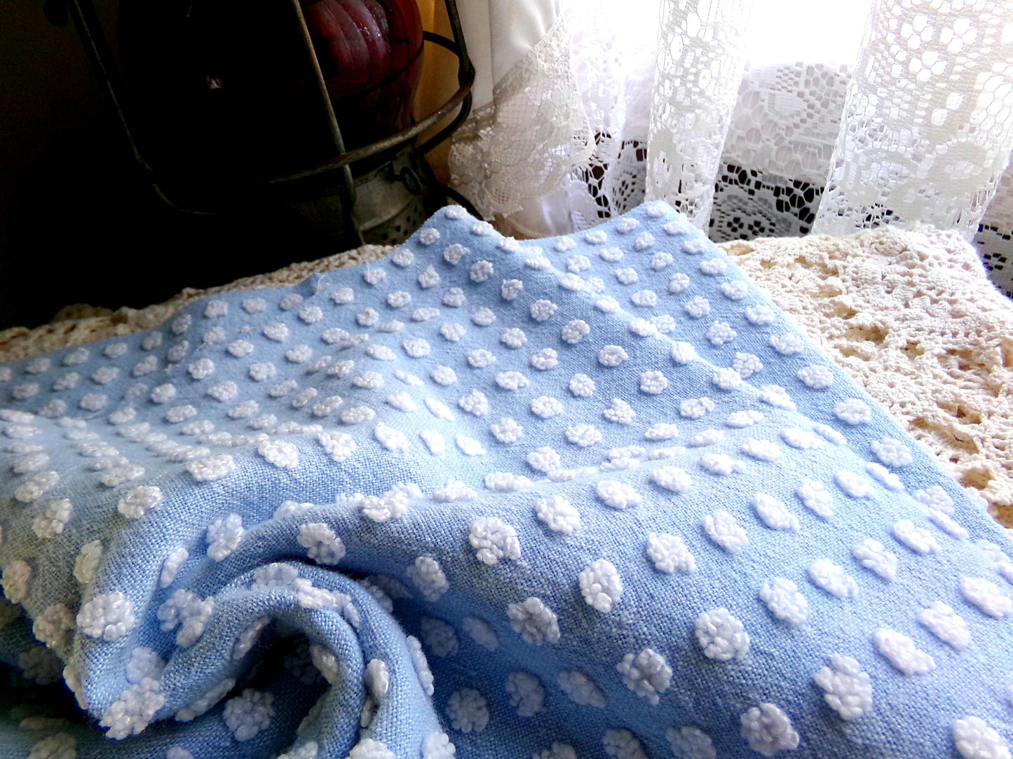 Bubble Dots Vintage Chenille Material, 24" x 18" inch Fabric Piece, Little White Pops on Sky Blue, Beachy Coastal Vibes
